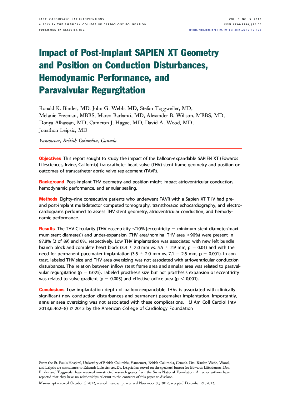 Impact of Post-Implant SAPIEN XT Geometry and Position on Conduction Disturbances, Hemodynamic Performance, and Paravalvular Regurgitation 