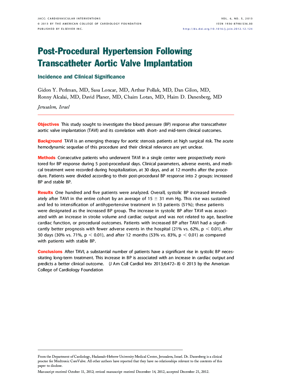 Post-Procedural Hypertension Following Transcatheter Aortic Valve Implantation : Incidence and Clinical Significance