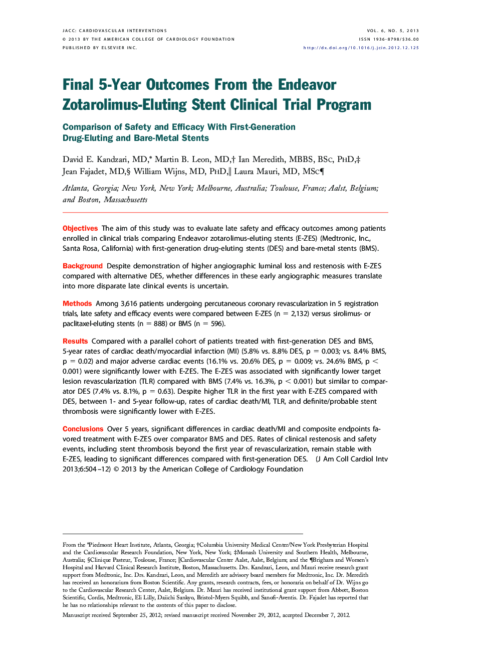 Final 5-Year Outcomes From the Endeavor Zotarolimus-Eluting Stent Clinical Trial Program : Comparison of Safety and Efficacy With First-Generation Drug-Eluting and Bare-Metal Stents