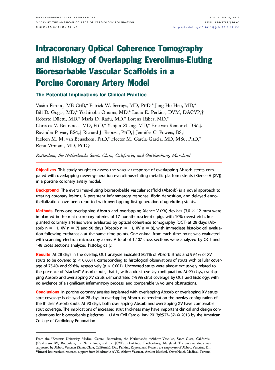 Intracoronary Optical Coherence Tomography and Histology of Overlapping Everolimus-Eluting Bioresorbable Vascular Scaffolds in a Porcine Coronary Artery Model : The Potential Implications for Clinical Practice