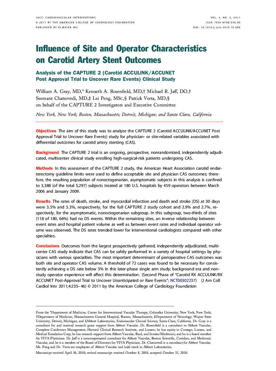 Influence of Site and Operator Characteristics on Carotid Artery Stent Outcomes : Analysis of the CAPTURE 2 (Carotid ACCULINK/ACCUNET Post Approval Trial to Uncover Rare Events) Clinical Study