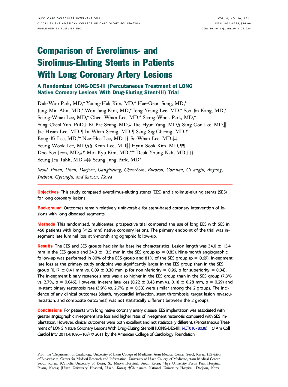 Comparison of Everolimus- and Sirolimus-Eluting Stents in Patients With Long Coronary Artery Lesions : A Randomized LONG-DES-III (Percutaneous Treatment of LONG Native Coronary Lesions With Drug-Eluting Stent-III) Trial