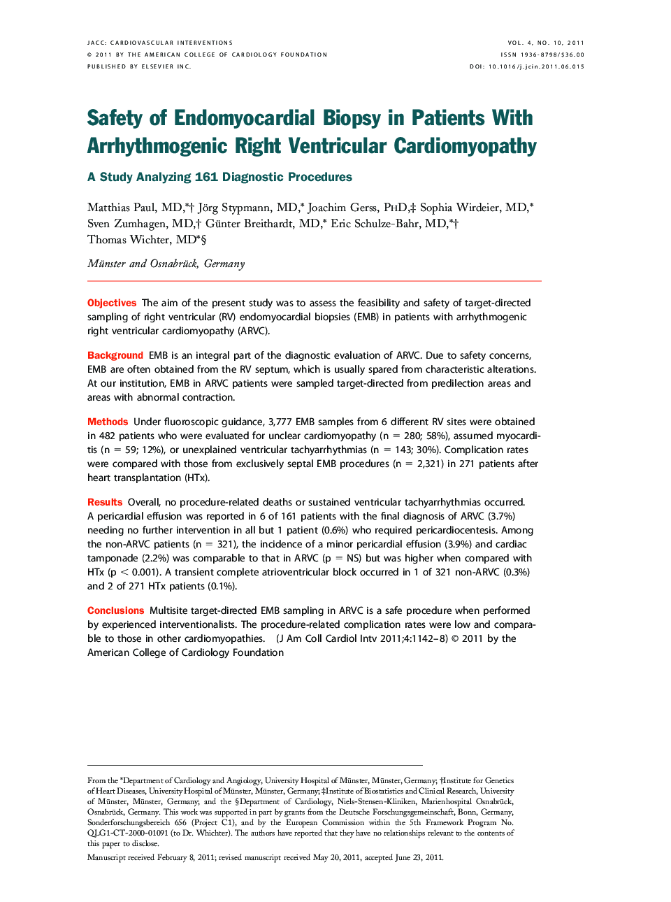 Safety of Endomyocardial Biopsy in Patients With Arrhythmogenic Right Ventricular Cardiomyopathy : A Study Analyzing 161 Diagnostic Procedures