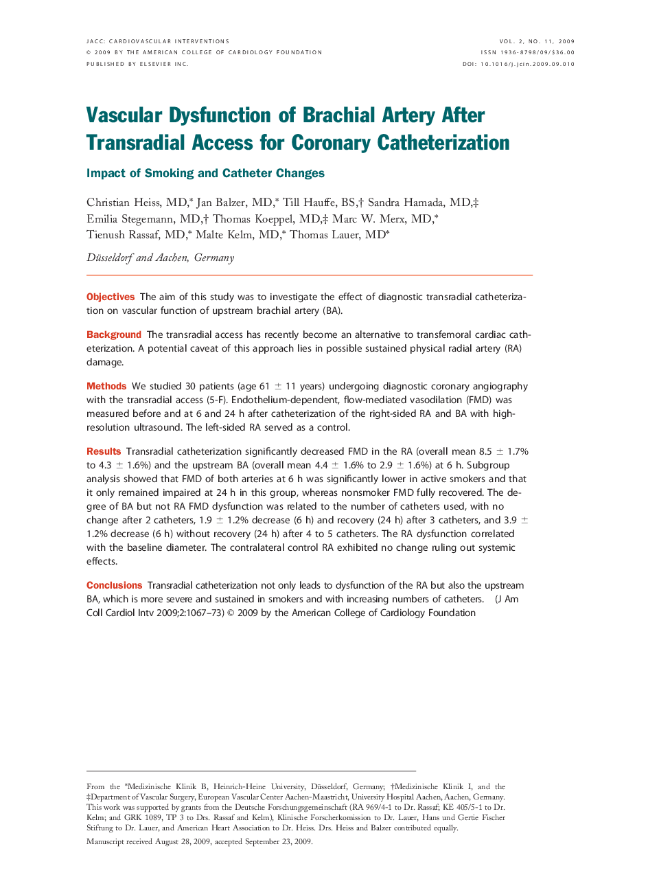 Vascular Dysfunction of Brachial Artery After Transradial Access for Coronary Catheterization : Impact of Smoking and Catheter Changes