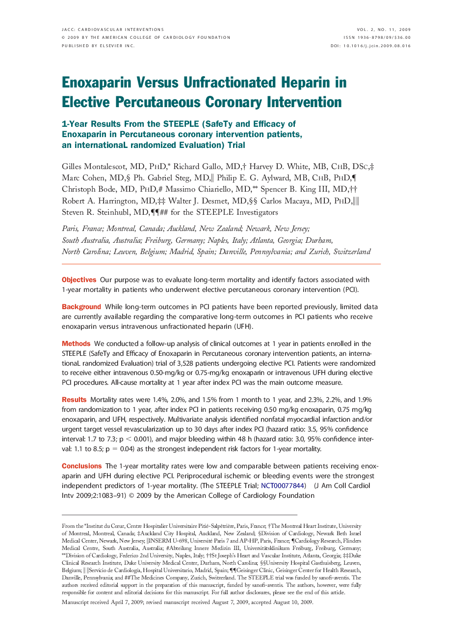 Enoxaparin Versus Unfractionated Heparin in Elective Percutaneous Coronary Intervention : 1-Year Results From the STEEPLE (SafeTy and Efficacy of Enoxaparin in Percutaneous coronary intervention patients, an internationaL randomized Evaluation) Trial