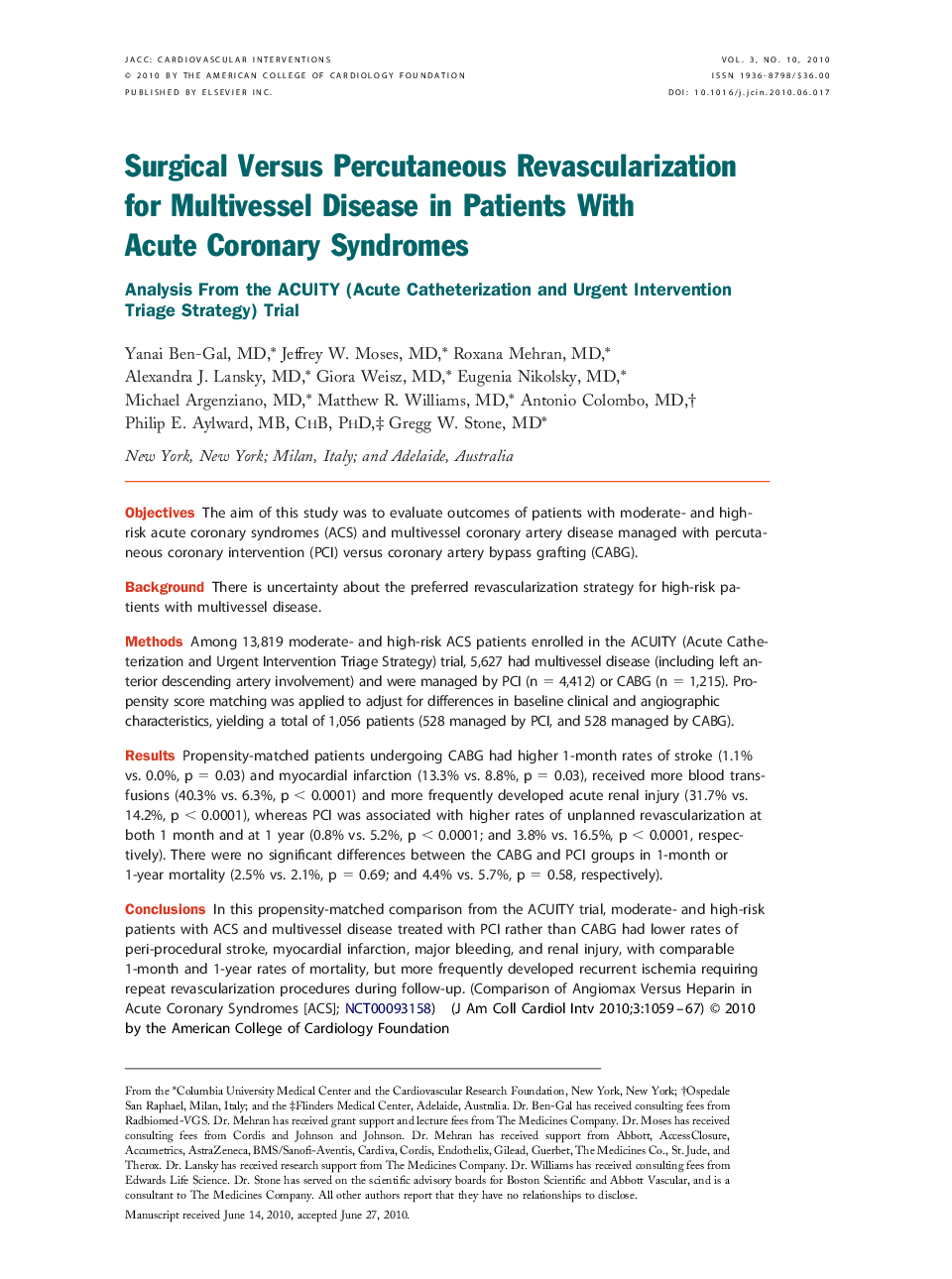 Surgical Versus Percutaneous Revascularization for Multivessel Disease in Patients With Acute Coronary Syndromes : Analysis From the ACUITY (Acute Catheterization and Urgent Intervention Triage Strategy) Trial