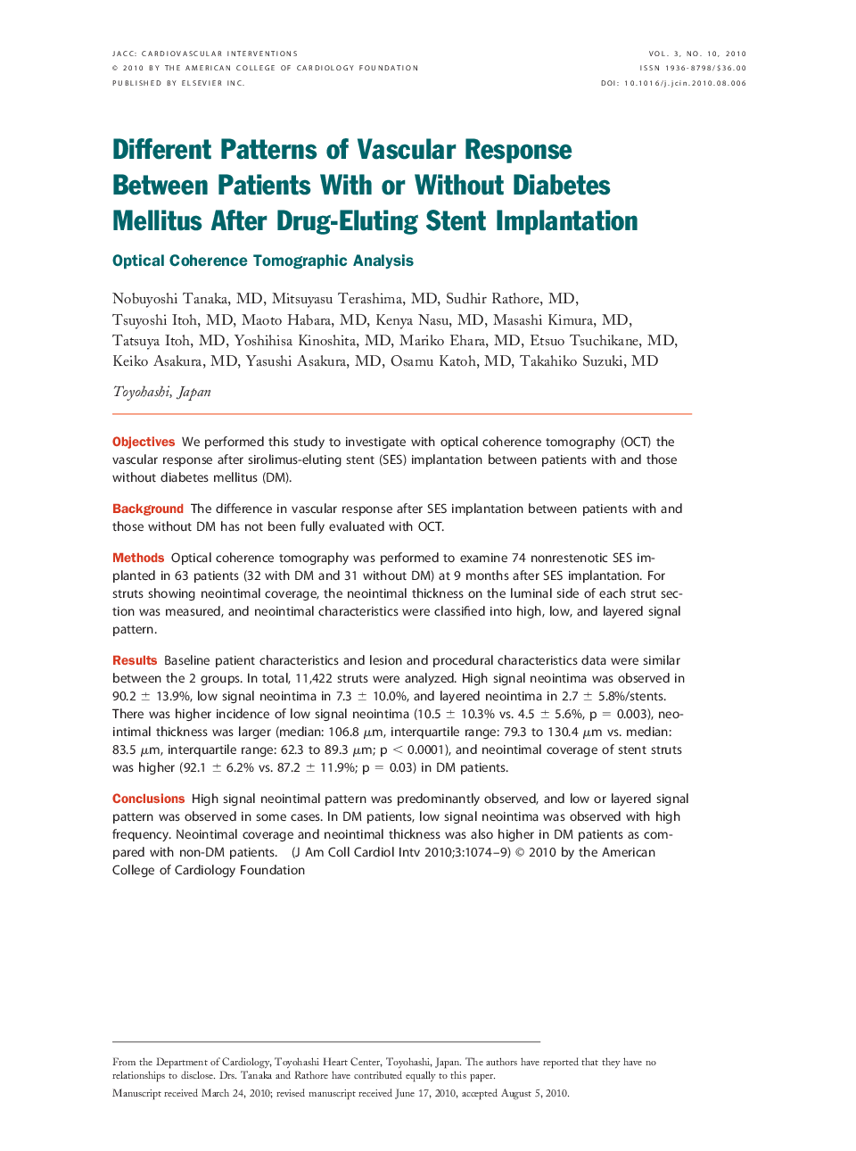 Different Patterns of Vascular Response Between Patients With or Without Diabetes Mellitus After Drug-Eluting Stent Implantation : Optical Coherence Tomographic Analysis