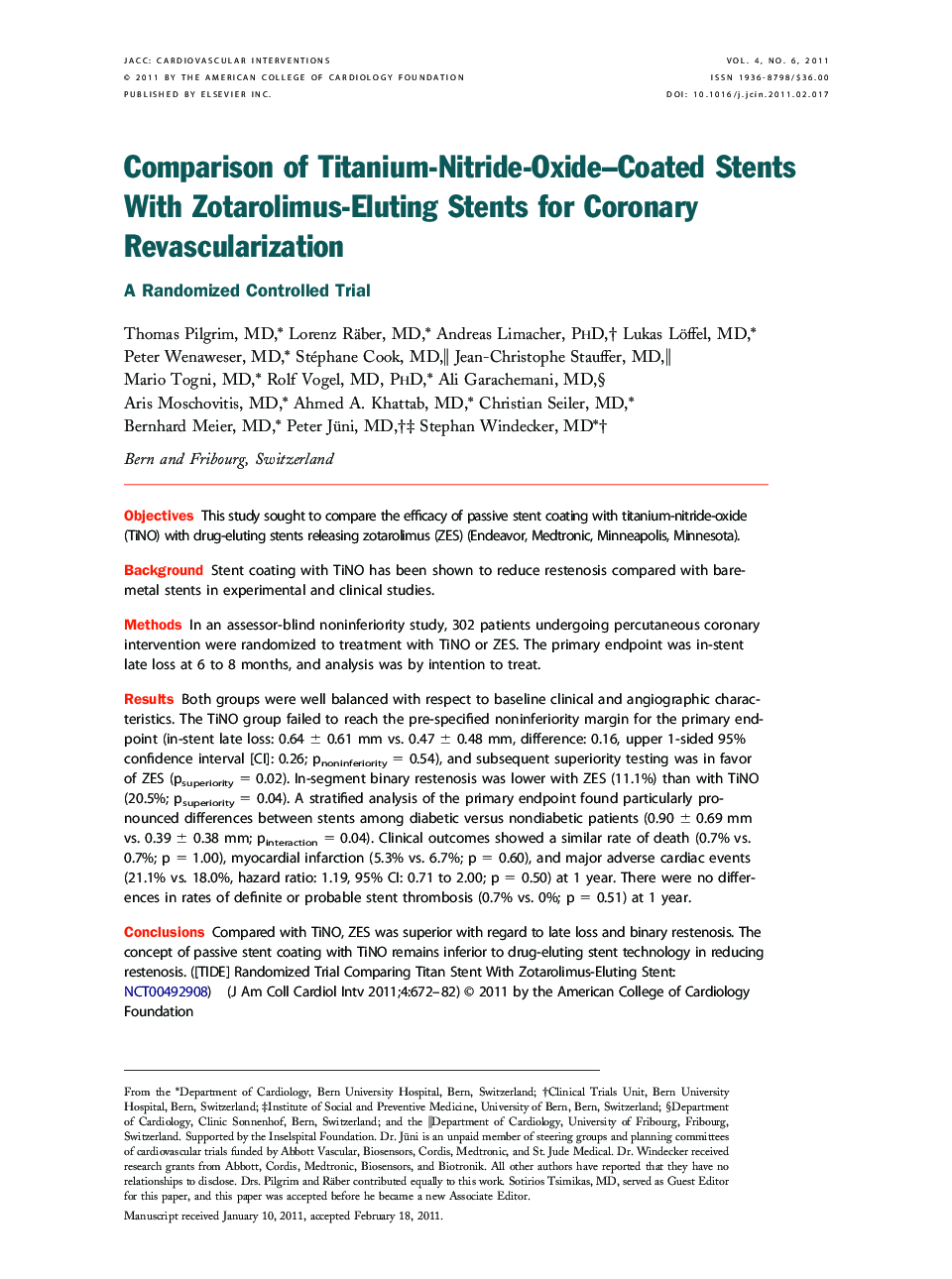 Comparison of Titanium-Nitride-Oxide–Coated Stents With Zotarolimus-Eluting Stents for Coronary Revascularization : A Randomized Controlled Trial