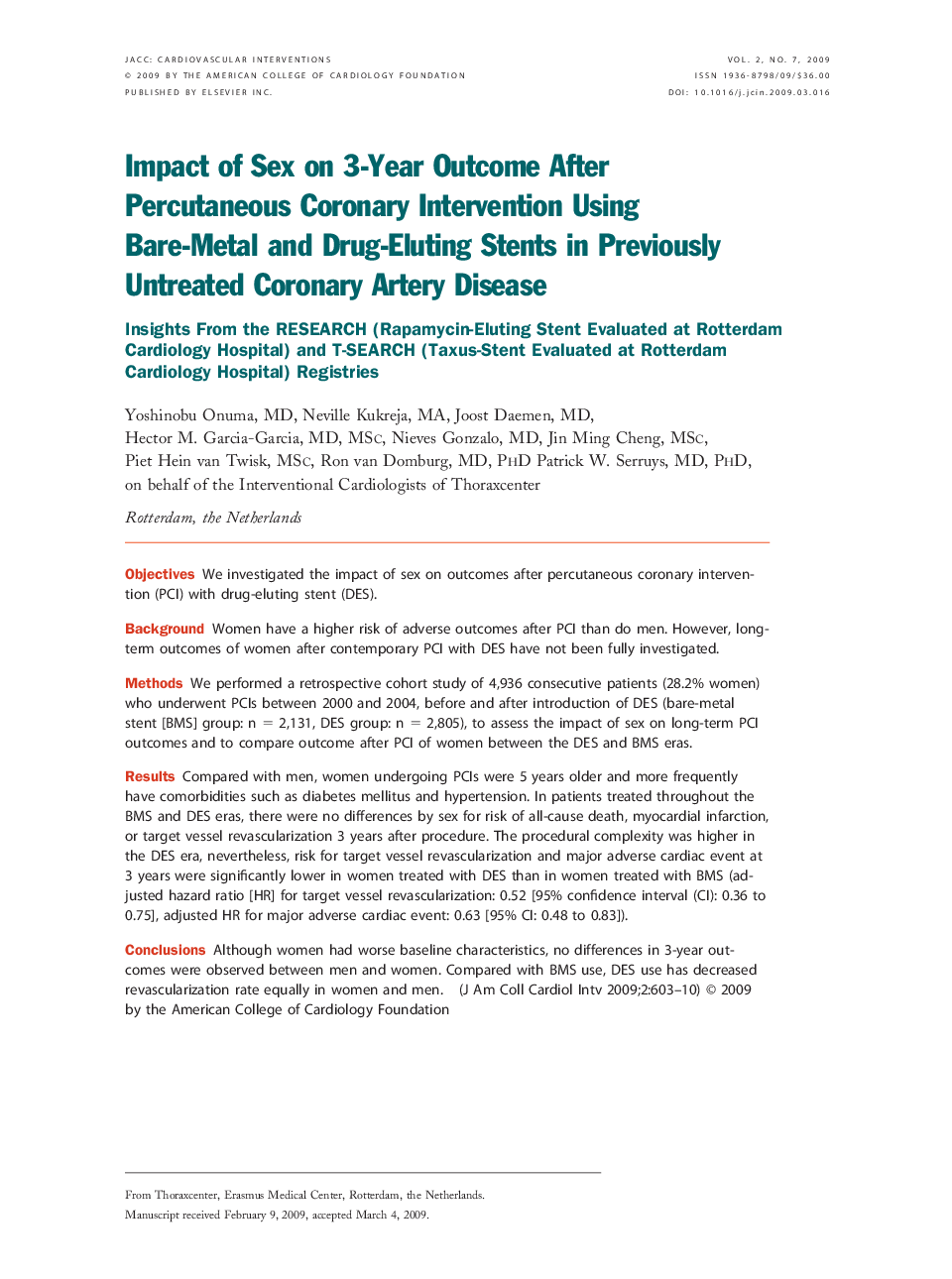 Impact of Sex on 3-Year Outcome After Percutaneous Coronary Intervention Using Bare-Metal and Drug-Eluting Stents in Previously Untreated Coronary Artery Disease: Insights From the RESEARCH (Rapamycin-Eluting Stent Evaluated at Rotterdam Cardiology Hospit