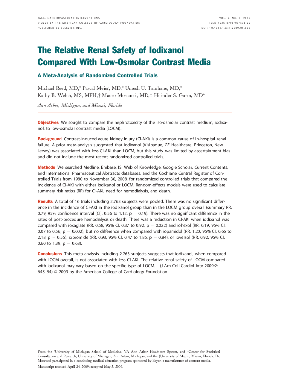 The Relative Renal Safety of Iodixanol Compared With Low-Osmolar Contrast Media : A Meta-Analysis of Randomized Controlled Trials