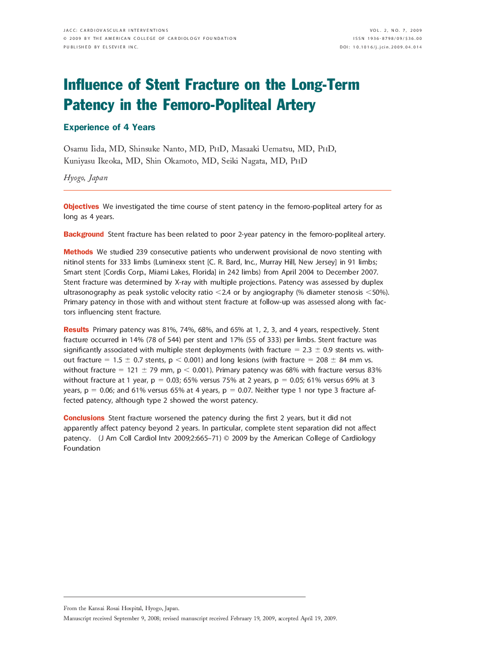 Influence of Stent Fracture on the Long-Term Patency in the Femoro-Popliteal Artery: Experience of 4 Years