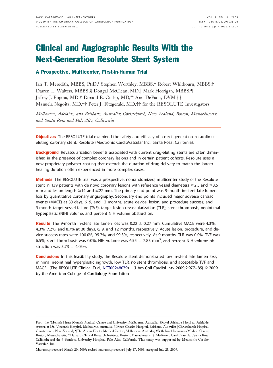 Clinical and Angiographic Results With the Next-Generation Resolute Stent System : A Prospective, Multicenter, First-in-Human Trial