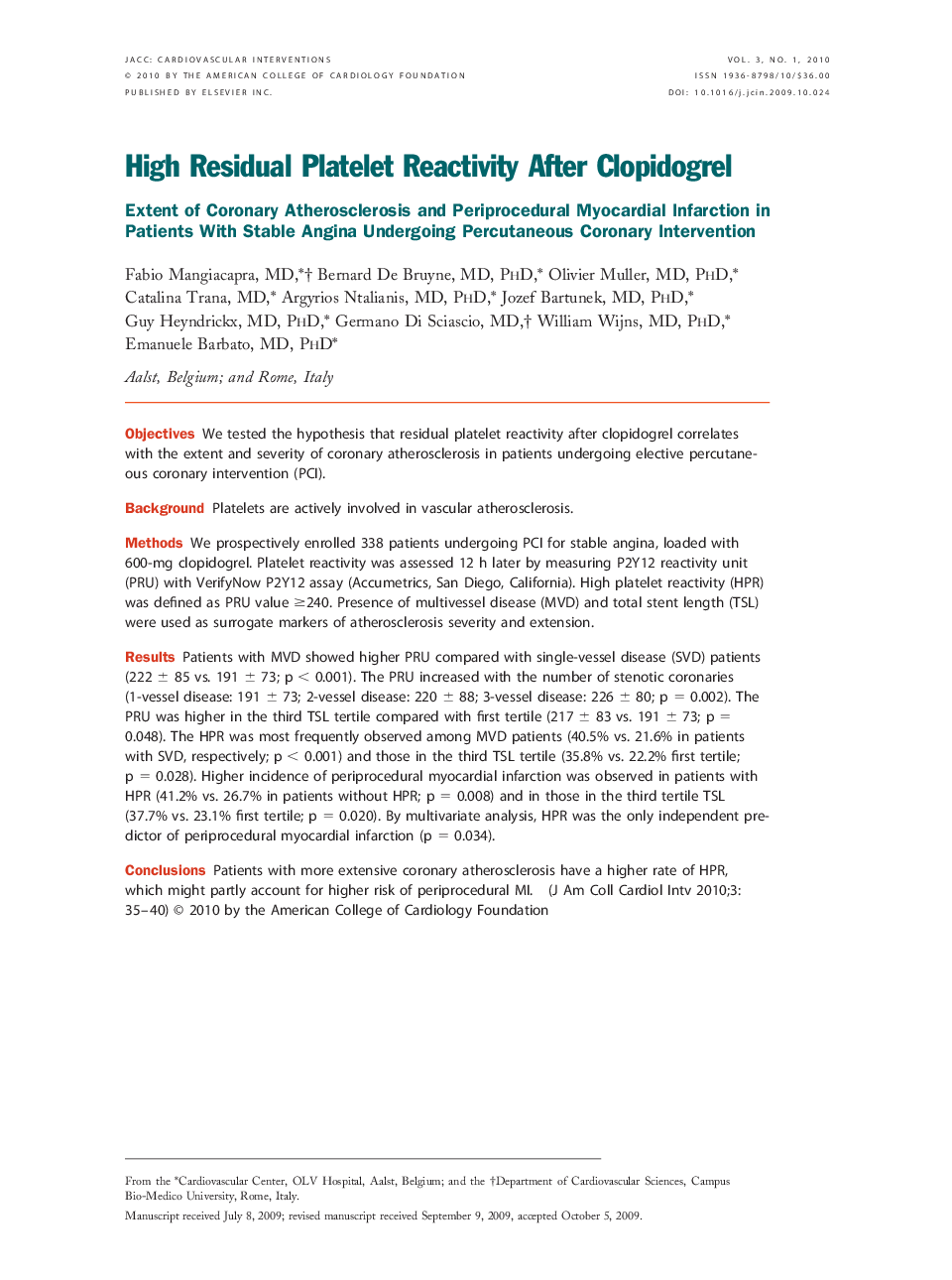 High Residual Platelet Reactivity After Clopidogrel: Extent of Coronary Atherosclerosis and Periprocedural Myocardial Infarction in Patients With Stable Angina Undergoing Percutaneous Coronary Intervention