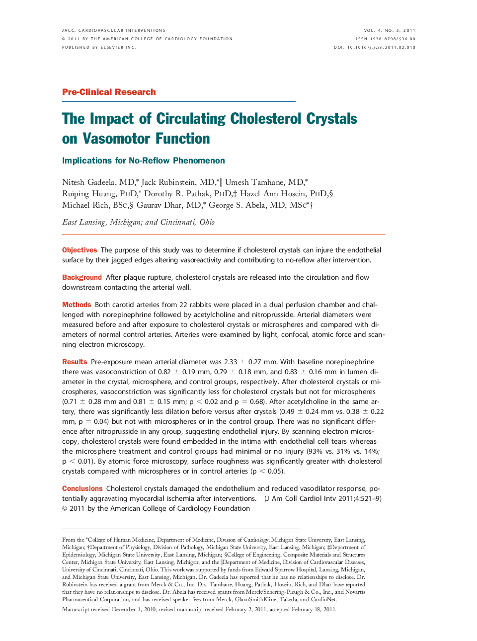 The Impact of Circulating Cholesterol Crystals on Vasomotor Function : Implications for No-Reflow Phenomenon