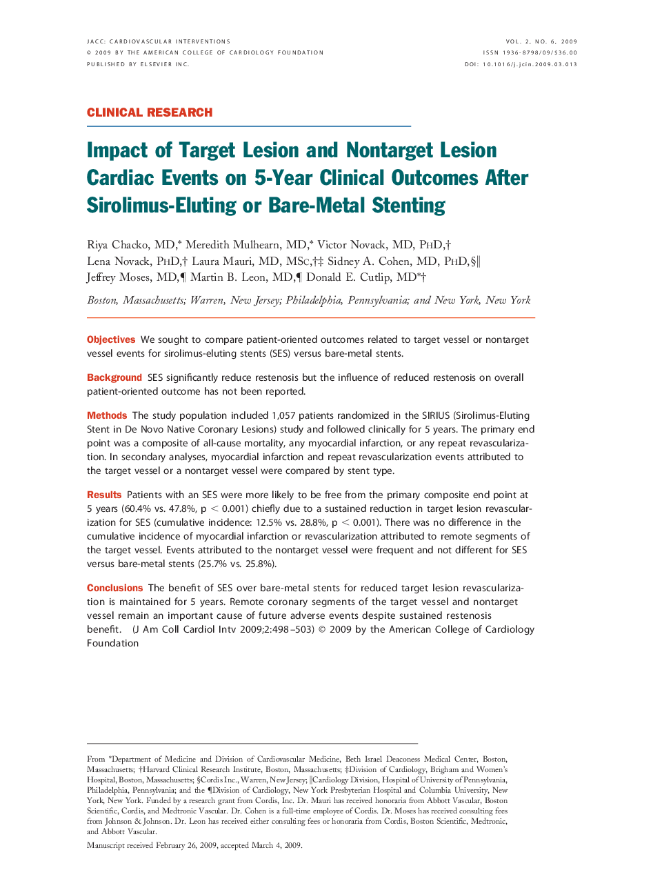 Impact of Target Lesion and Nontarget Lesion Cardiac Events on 5-Year Clinical Outcomes After Sirolimus-Eluting or Bare-Metal Stenting 