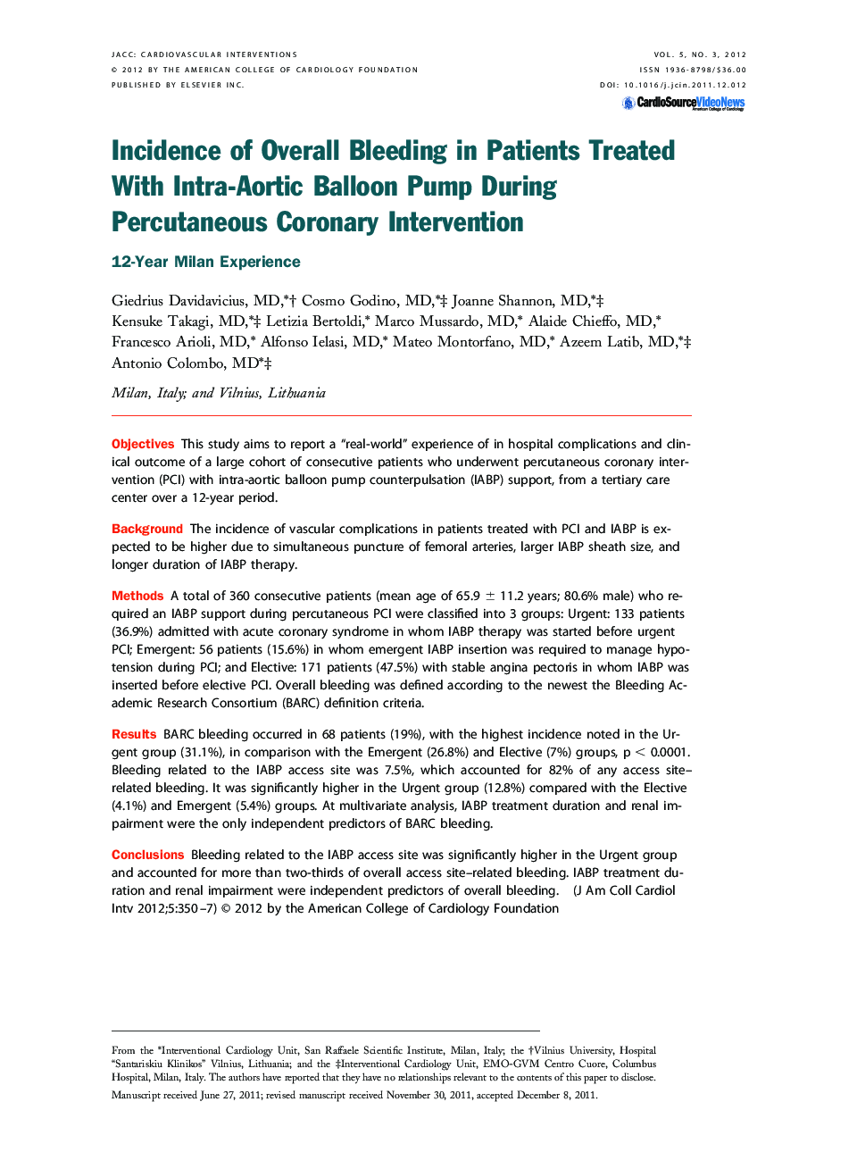 Incidence of Overall Bleeding in Patients Treated With Intra-Aortic Balloon Pump During Percutaneous Coronary Intervention : 12-Year Milan Experience