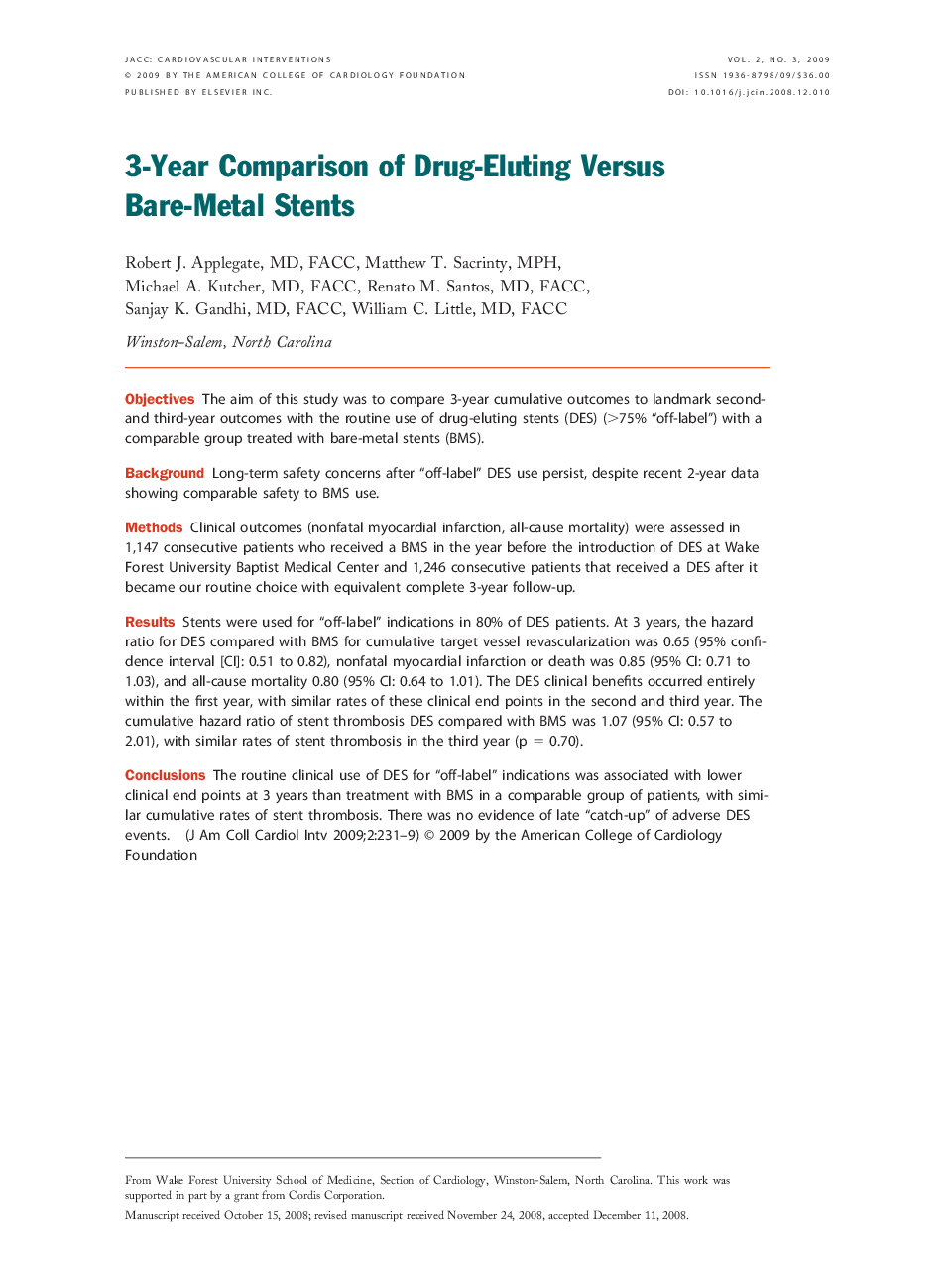 3-Year Comparison of Drug-Eluting Versus Bare-Metal Stents 