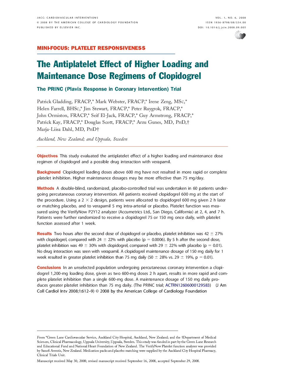 عکس صفحه اول مقاله: The Antiplatelet Effect of Higher Loading and Maintenance Dose Regimens of Clopidogrel : The PRINC (Plavix Response in Coronary Intervention) Trial The Antiplatelet Effect of Higher Loading and Maintenance Dose Regimens of Clopidogrel : The PRINC (Plavix Response in Coronary Intervention) Trial