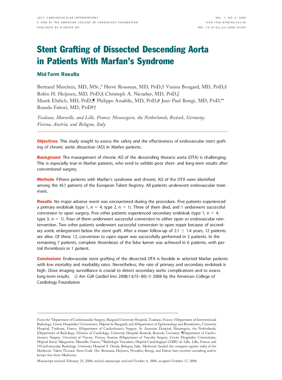 Stent Grafting of Dissected Descending Aorta in Patients With Marfan's Syndrome : Mid-Term Results