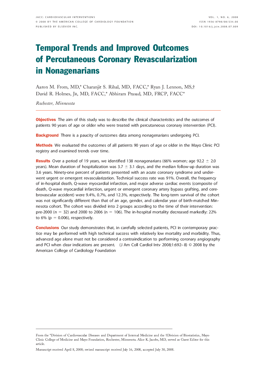 Temporal Trends and Improved Outcomes of Percutaneous Coronary Revascularization in Nonagenarians 