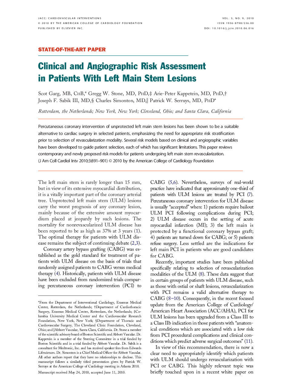 Clinical and Angiographic Risk Assessment in Patients With Left Main Stem Lesions