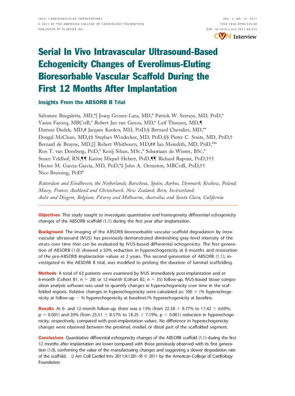 Serial In Vivo Intravascular Ultrasound-Based Echogenicity Changes of Everolimus-Eluting Bioresorbable Vascular Scaffold During the First 12 Months After Implantation : Insights From the ABSORB B Trial