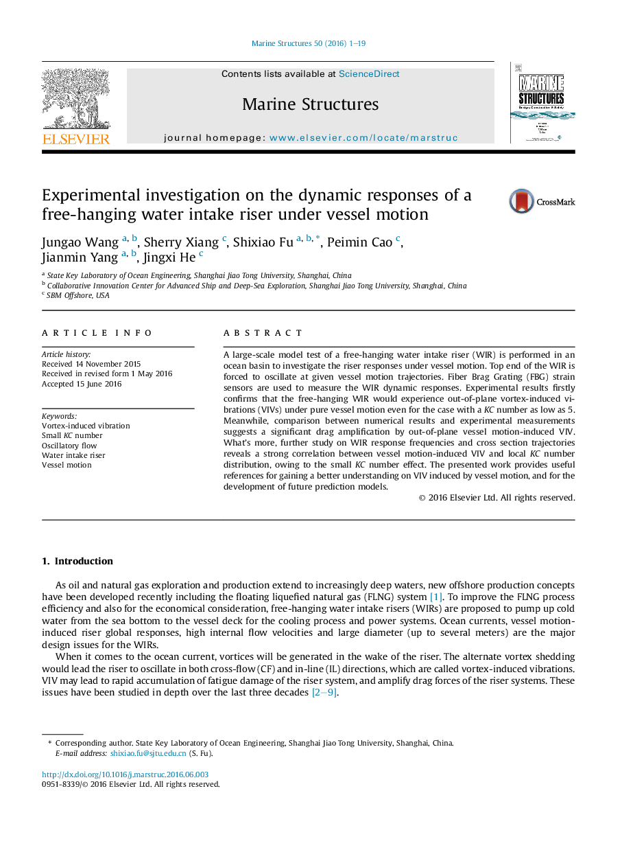 Experimental investigation on the dynamic responses of a free-hanging water intake riser under vessel motion