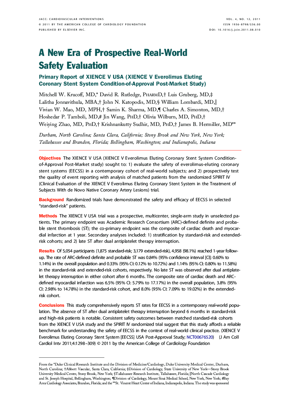A New Era of Prospective Real-World Safety Evaluation : Primary Report of XIENCE V USA (XIENCE V Everolimus Eluting Coronary Stent System Condition-of-Approval Post-Market Study)