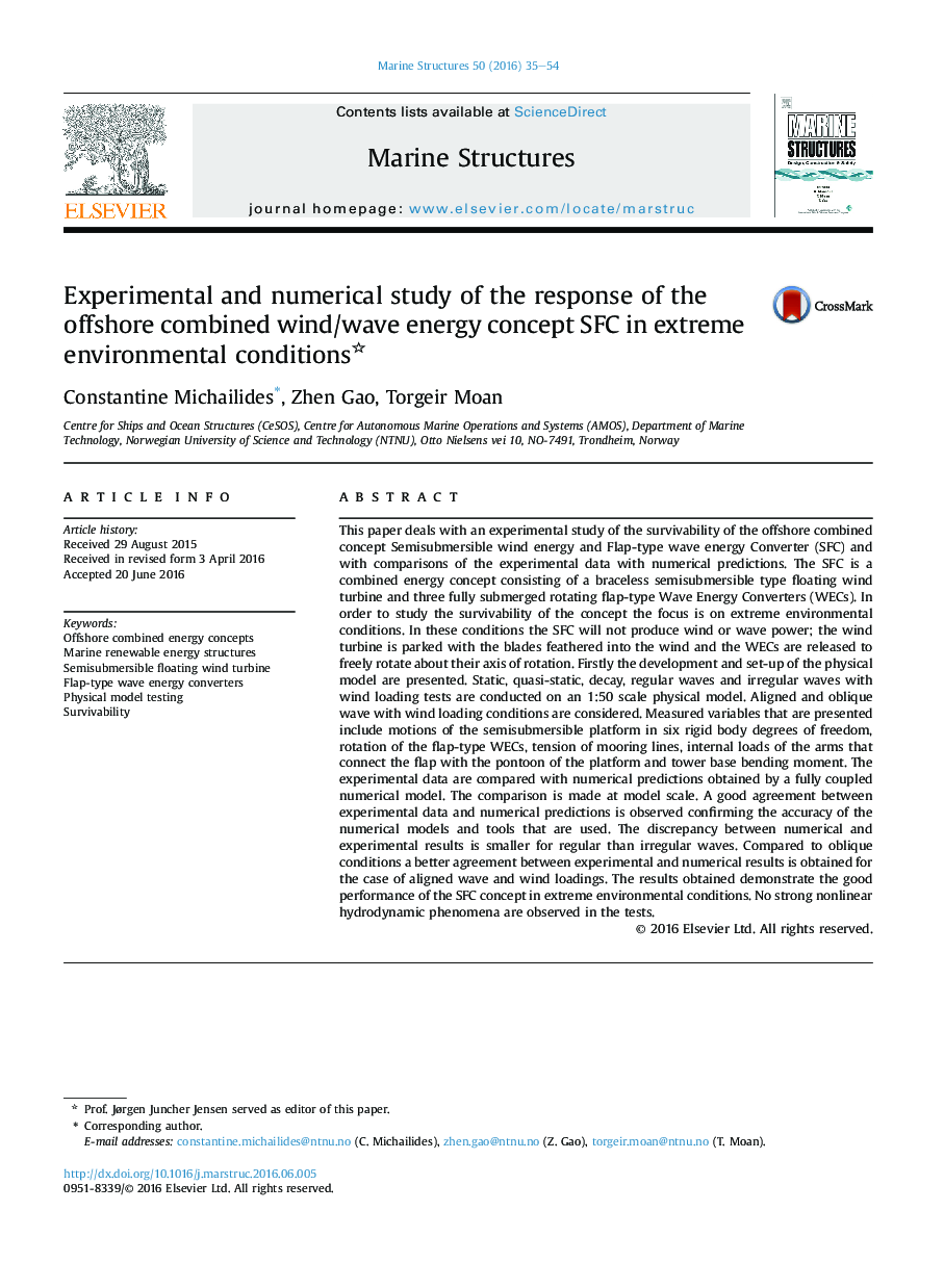 Experimental and numerical study of the response of the offshore combined wind/wave energy concept SFC in extreme environmental conditions 