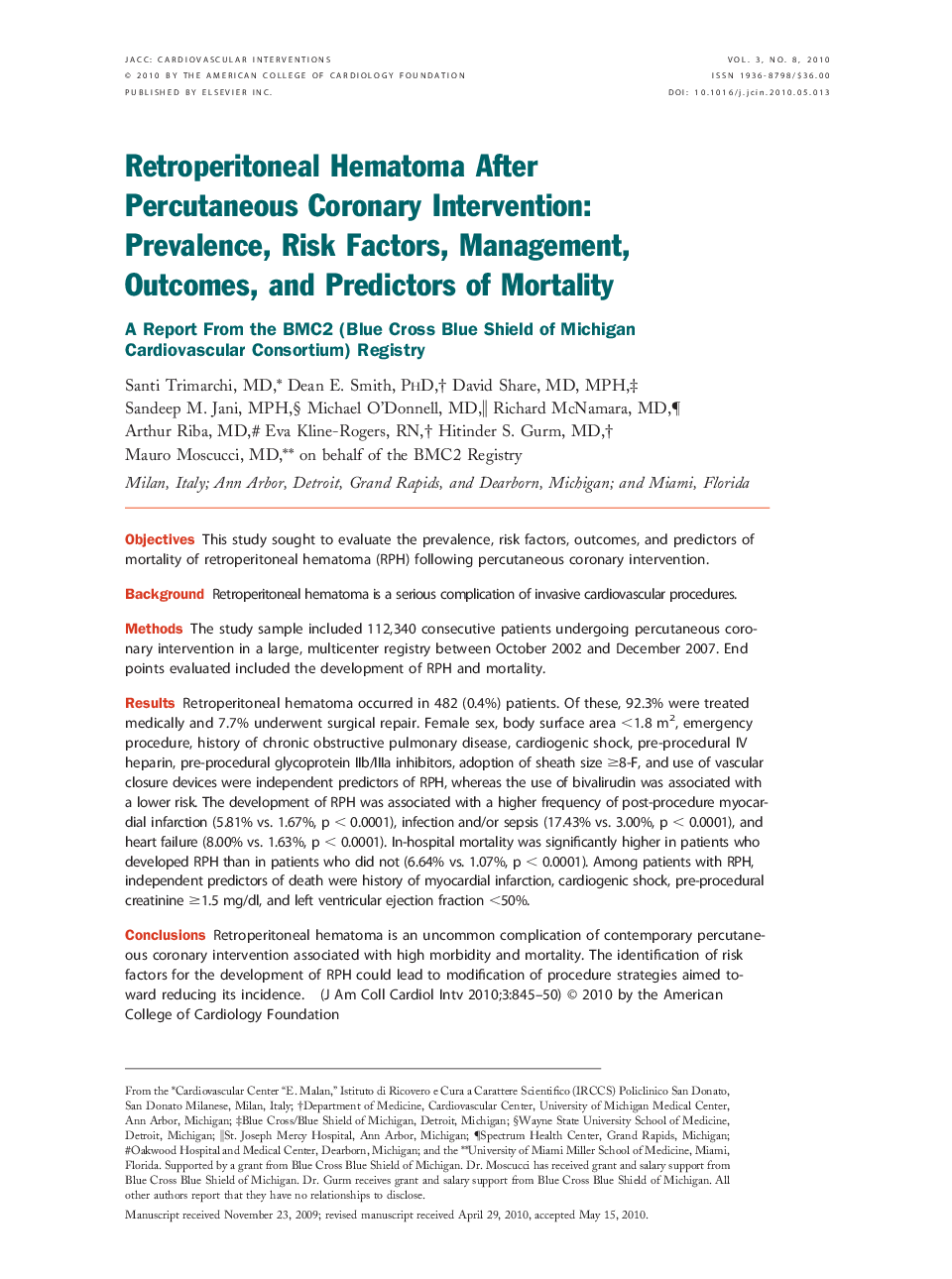 Retroperitoneal Hematoma After Percutaneous Coronary Intervention: Prevalence, Risk Factors, Management, Outcomes, and Predictors of Mortality : A Report From the BMC2 (Blue Cross Blue Shield of Michigan Cardiovascular Consortium) Registry