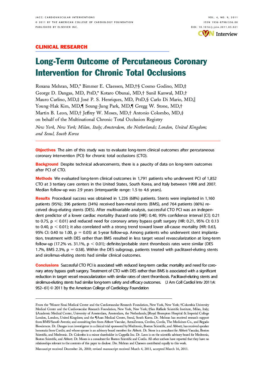 Long-Term Outcome of Percutaneous Coronary Intervention for Chronic Total Occlusions 