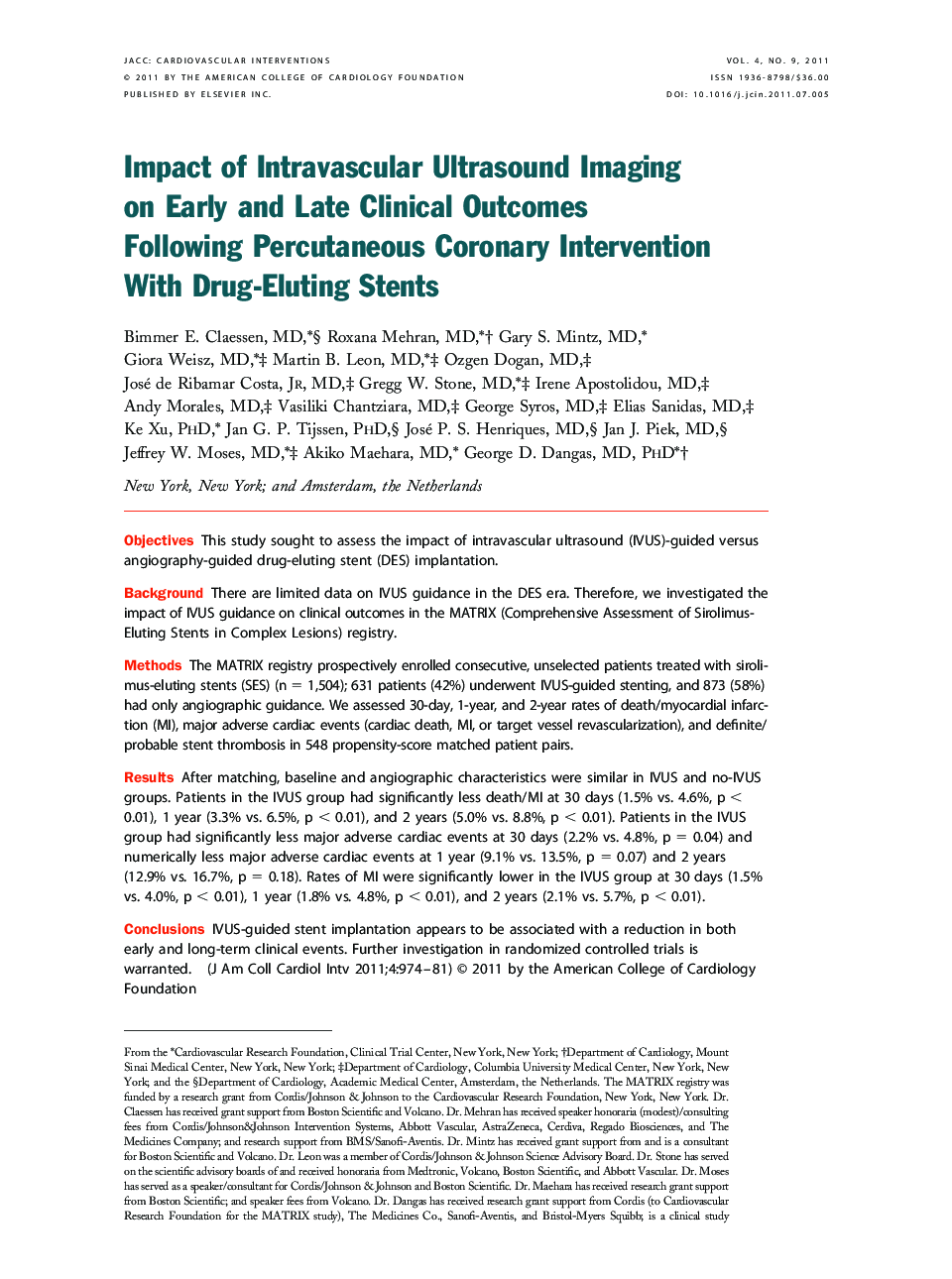 Impact of Intravascular Ultrasound Imaging on Early and Late Clinical Outcomes Following Percutaneous Coronary Intervention With Drug-Eluting Stents 