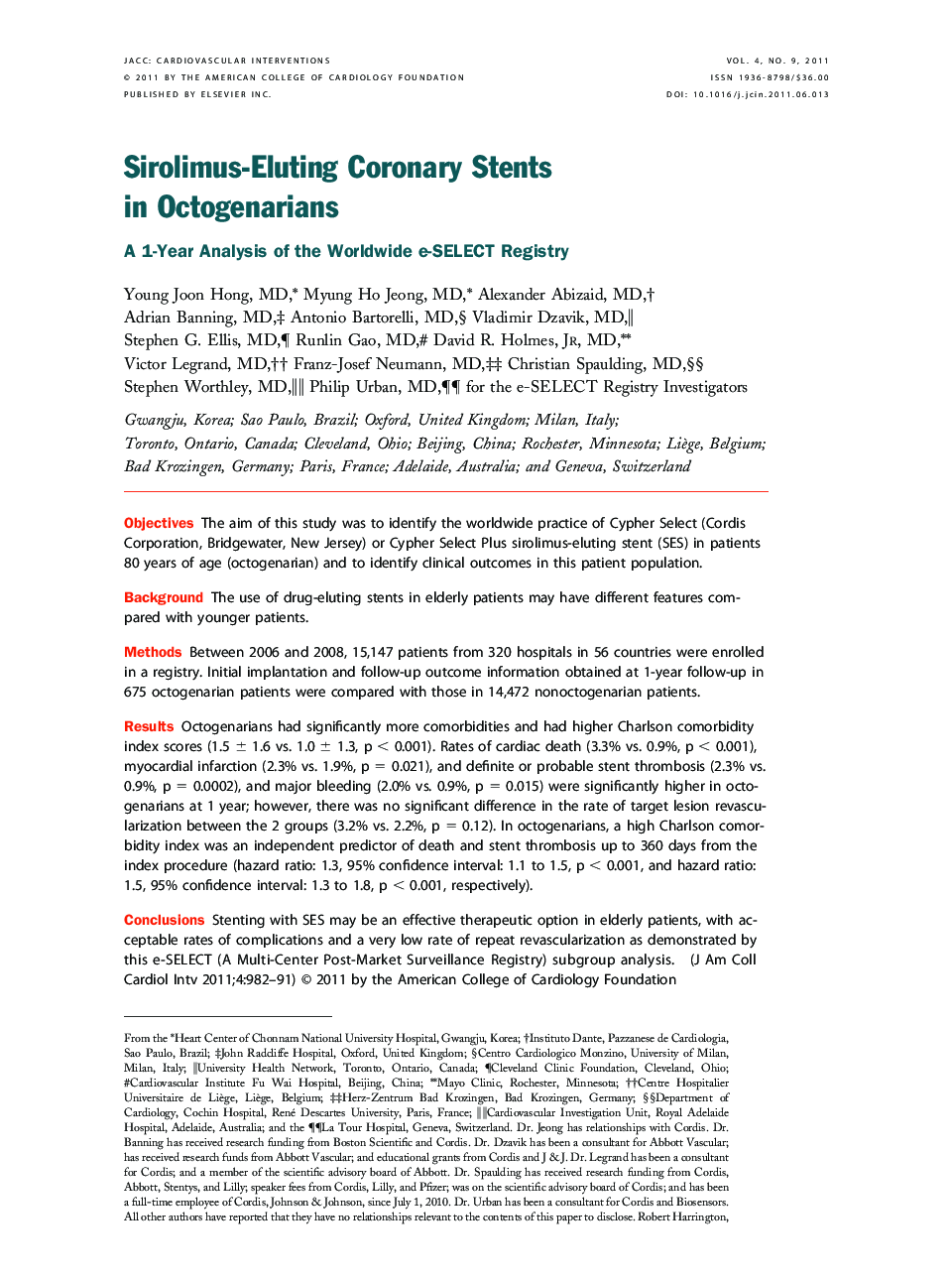 Sirolimus-Eluting Coronary Stents in Octogenarians : A 1-Year Analysis of the Worldwide e-SELECT Registry