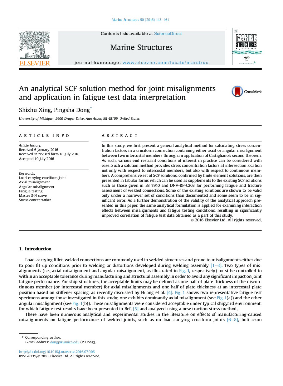 An analytical SCF solution method for joint misalignments and application in fatigue test data interpretation