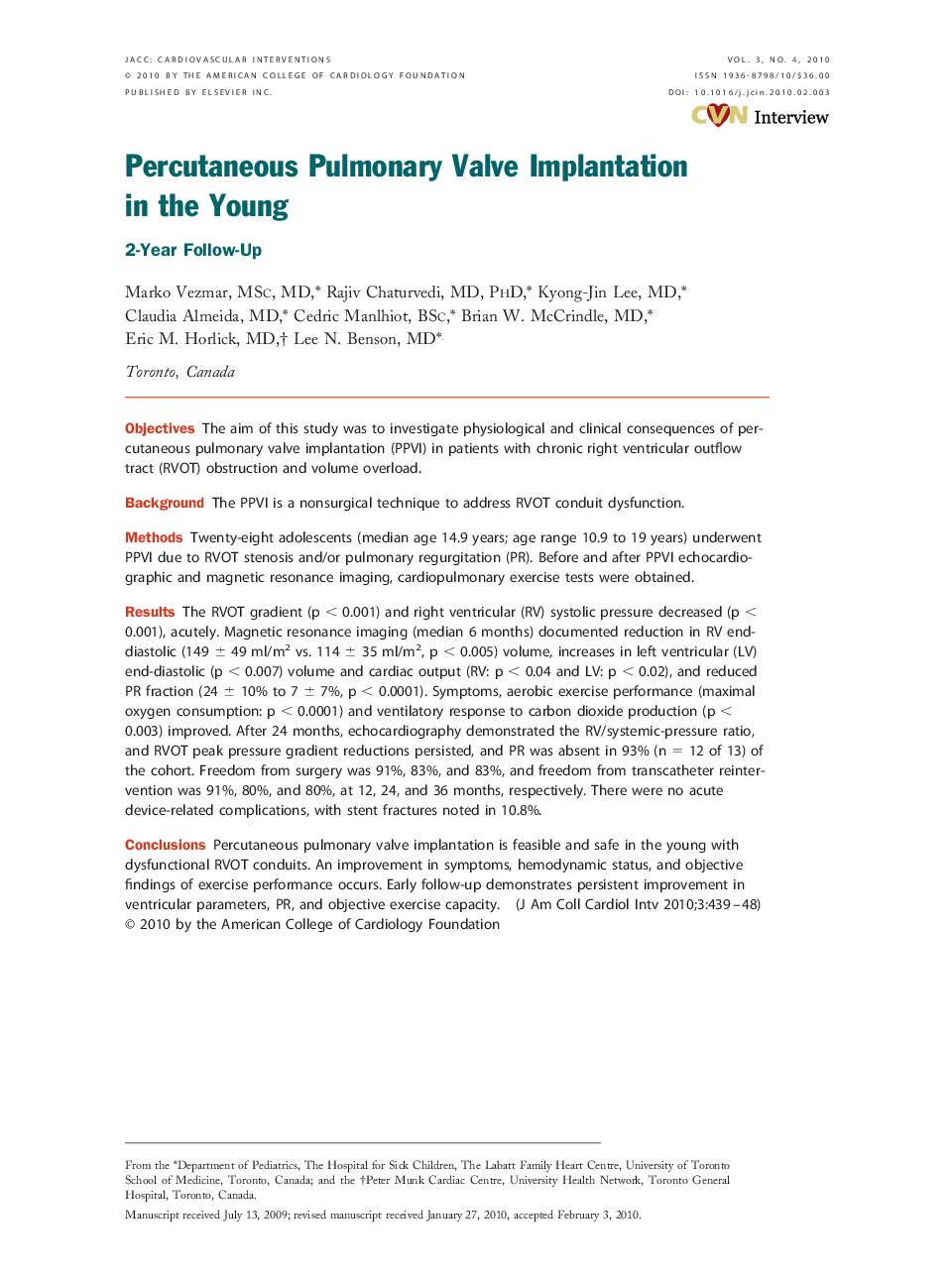 Percutaneous Pulmonary Valve Implantation in the Young: 2-Year Follow-Up