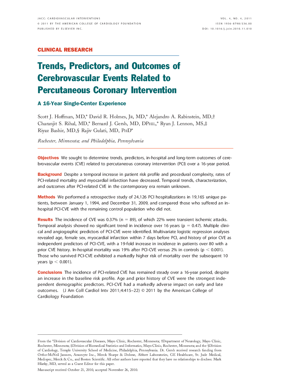 Trends, Predictors, and Outcomes of Cerebrovascular Events Related to Percutaneous Coronary Intervention : A 16-Year Single-Center Experience