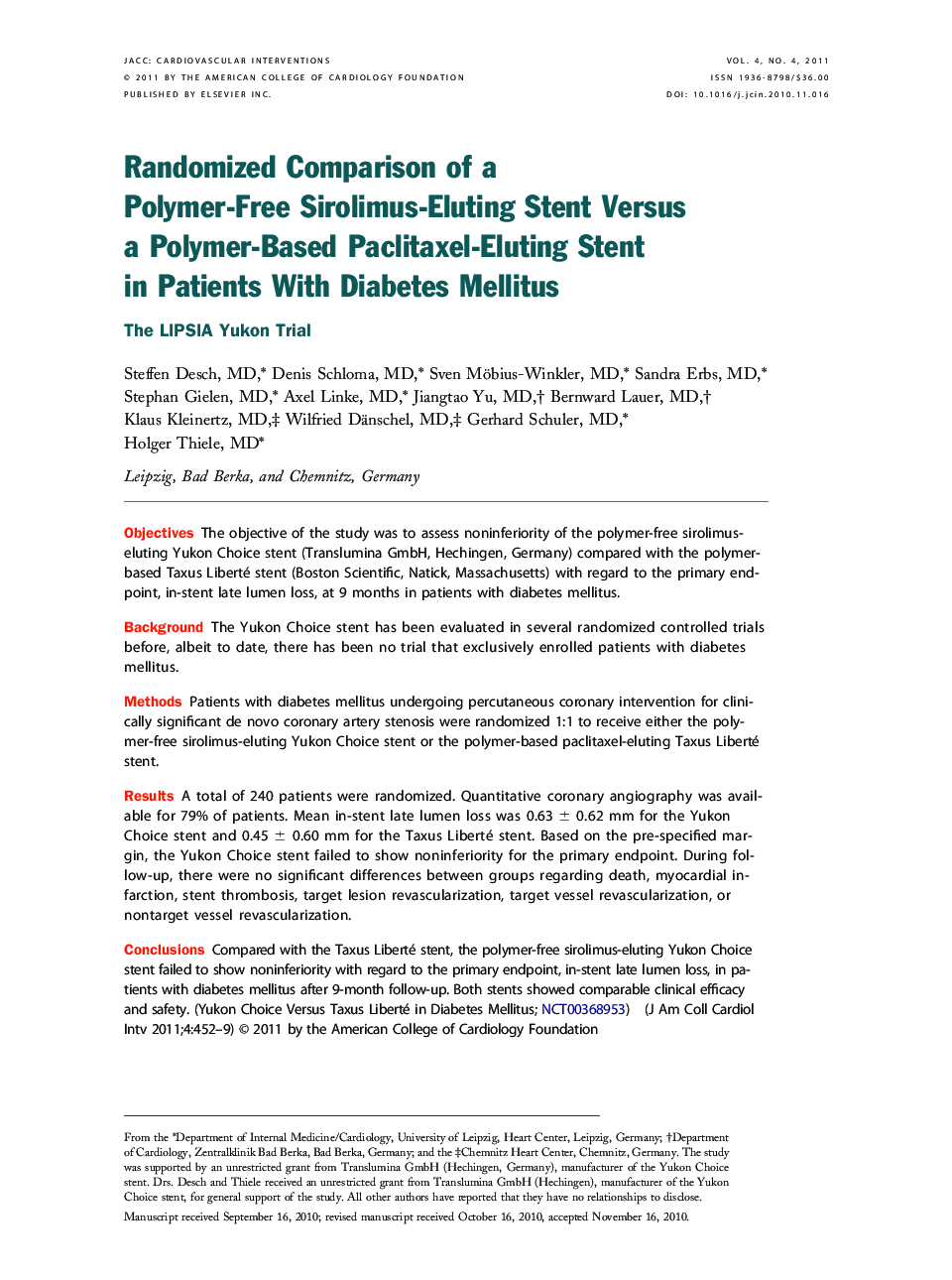 Randomized Comparison of a Polymer-Free Sirolimus-Eluting Stent Versus a Polymer-Based Paclitaxel-Eluting Stent in Patients With Diabetes Mellitus : The LIPSIA Yukon Trial