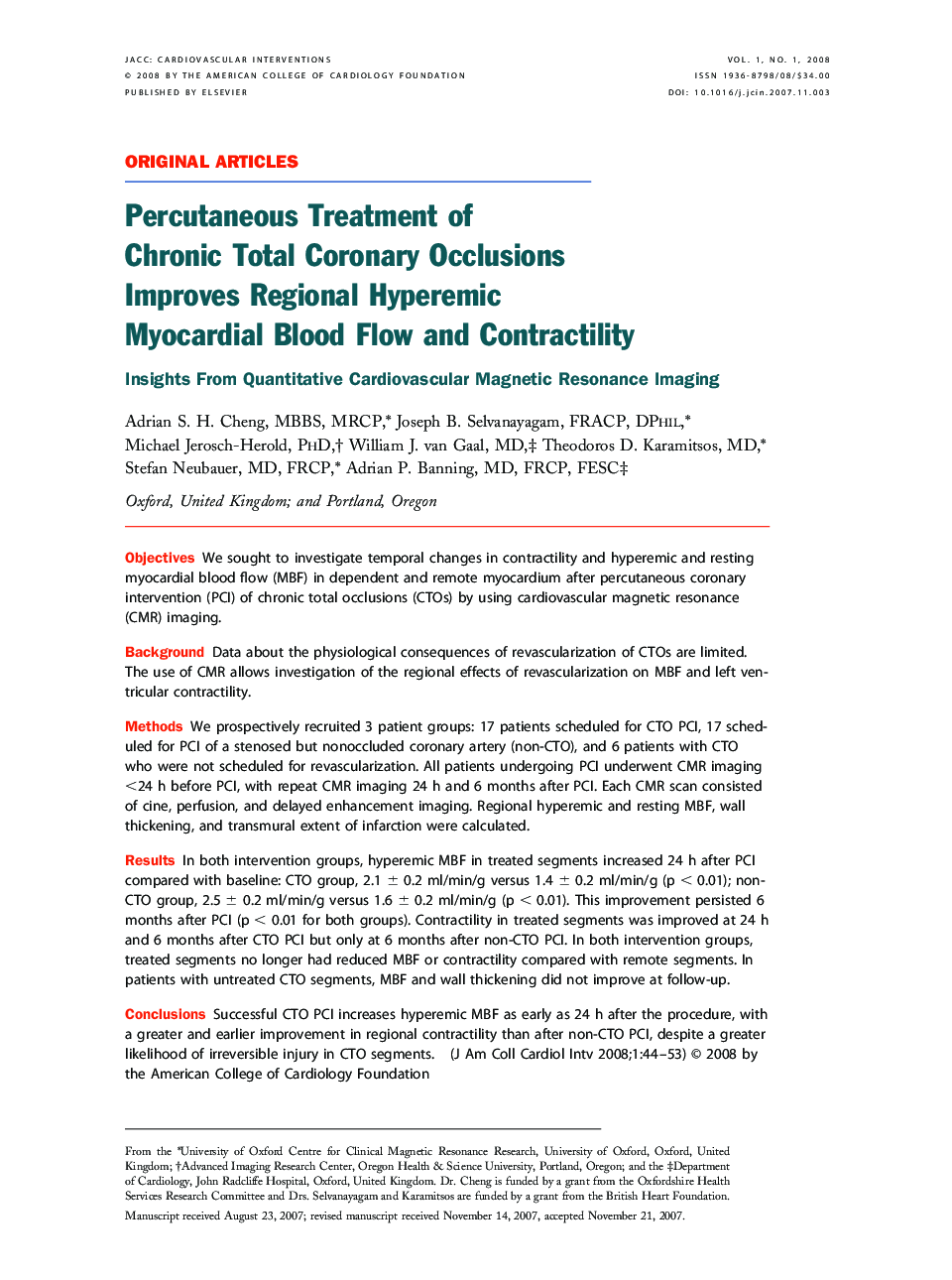 Percutaneous Treatment of Chronic Total Coronary Occlusions Improves Regional Hyperemic Myocardial Blood Flow and Contractility: Insights From Quantitative Cardiovascular Magnetic Resonance Imaging