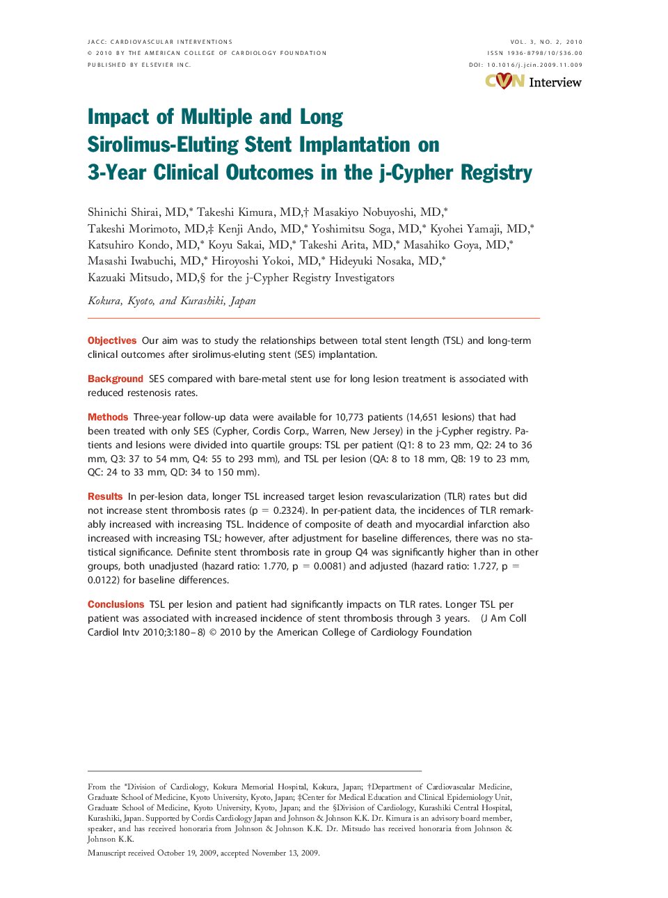 Impact of Multiple and Long Sirolimus-Eluting Stent Implantation on 3-Year Clinical Outcomes in the j-Cypher Registry 