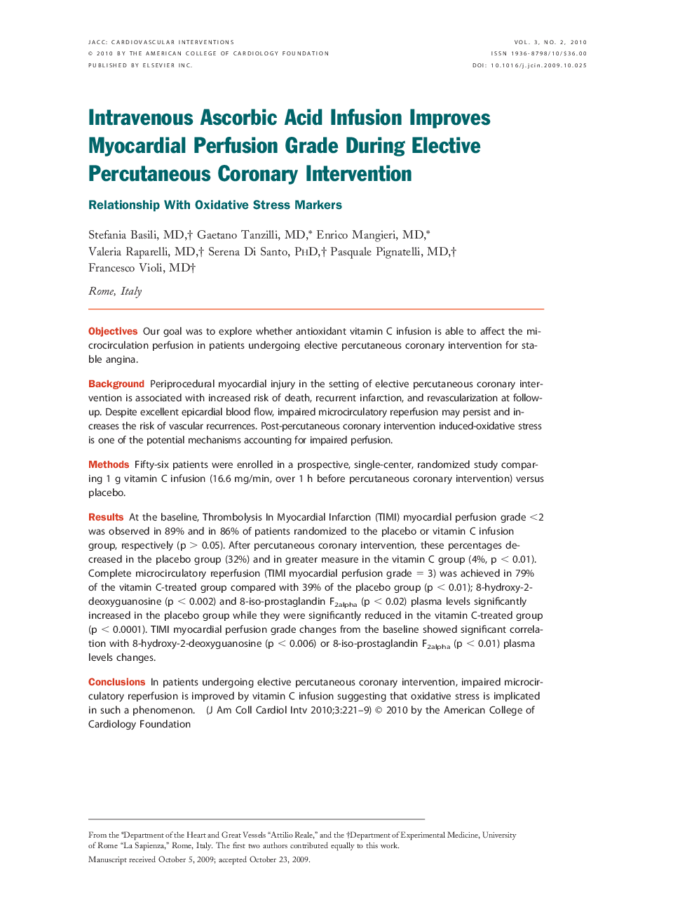 Intravenous Ascorbic Acid Infusion Improves Myocardial Perfusion Grade During Elective Percutaneous Coronary Intervention : Relationship With Oxidative Stress Markers