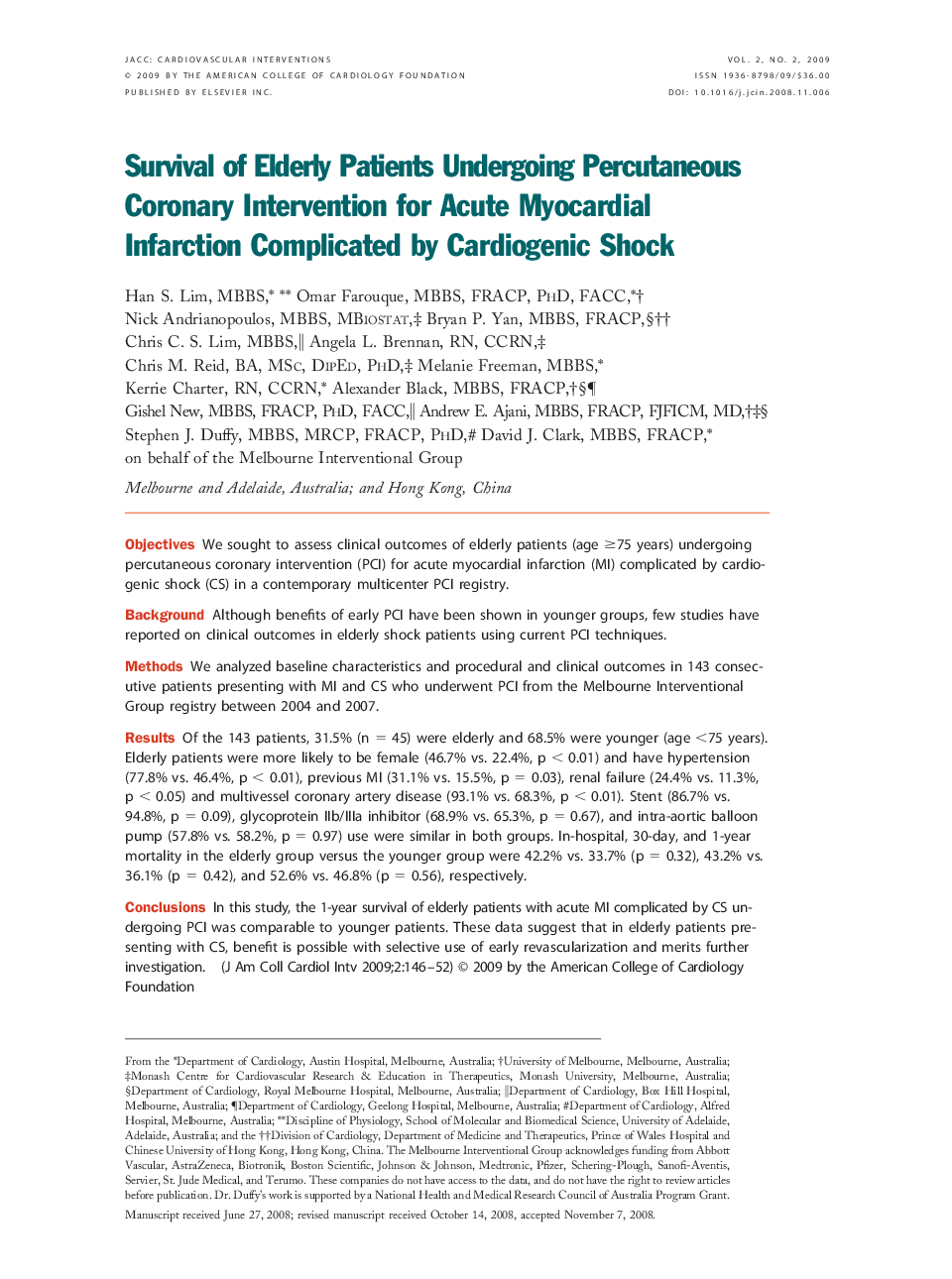 Survival of Elderly Patients Undergoing Percutaneous Coronary Intervention for Acute Myocardial Infarction Complicated by Cardiogenic Shock 