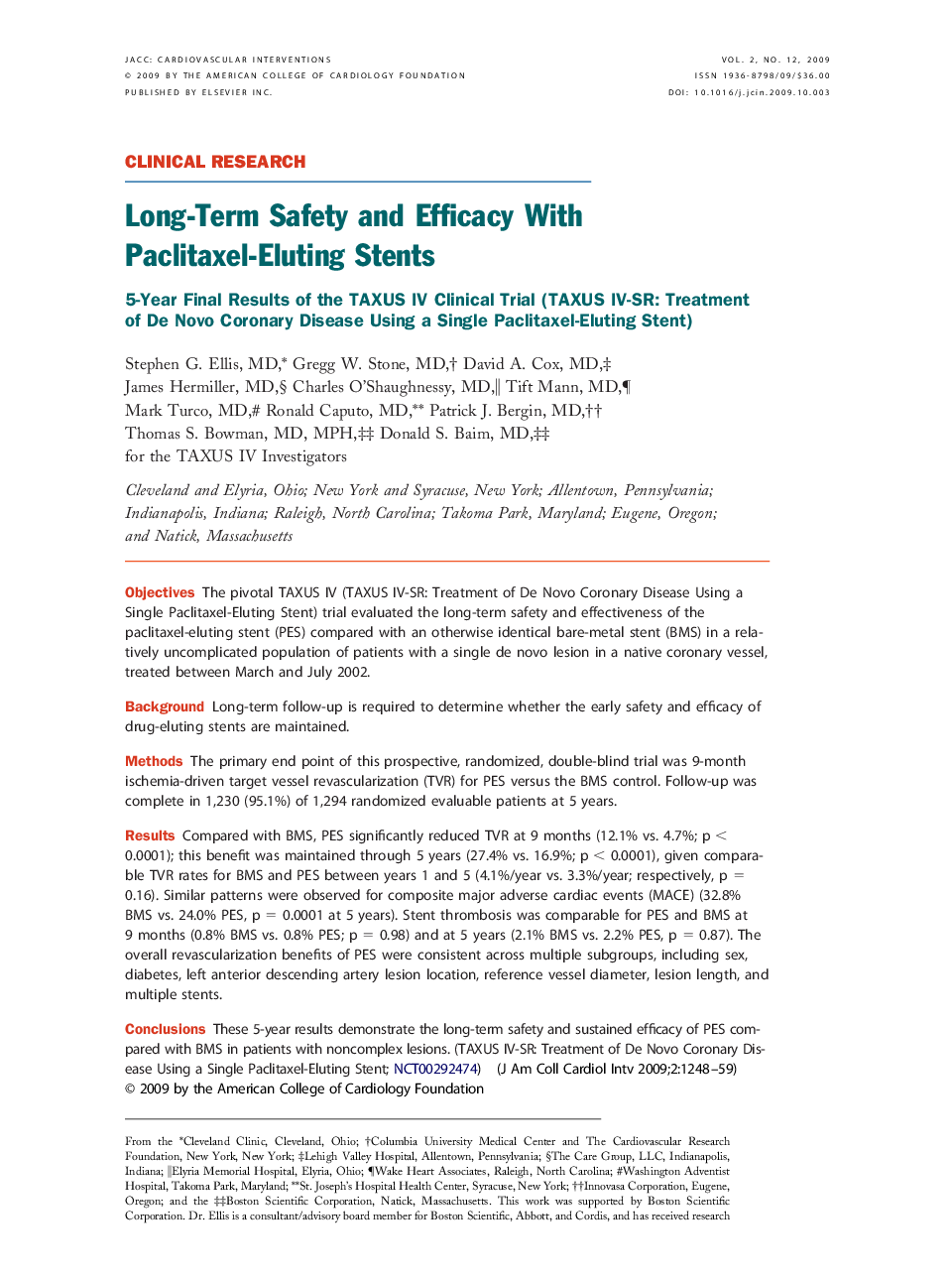 Long-Term Safety and Efficacy With Paclitaxel-Eluting Stents : 5-Year Final Results of the TAXUS IV Clinical Trial (TAXUS IV-SR: Treatment of De Novo Coronary Disease Using a Single Paclitaxel-Eluting Stent)