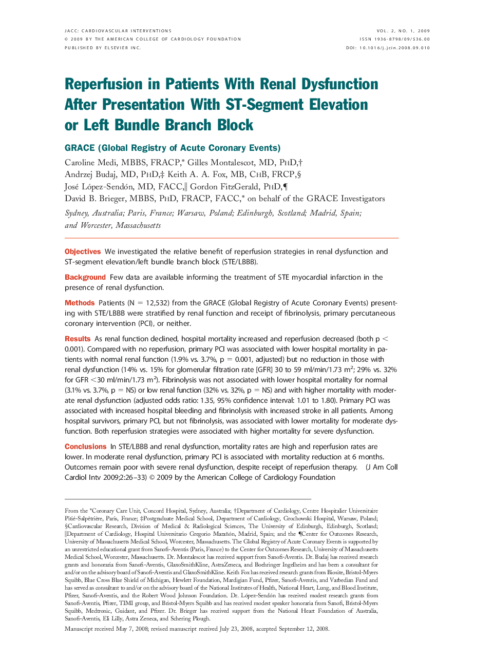 Reperfusion in Patients With Renal Dysfunction After Presentation With ST-Segment Elevation or Left Bundle Branch Block : GRACE (Global Registry of Acute Coronary Events)