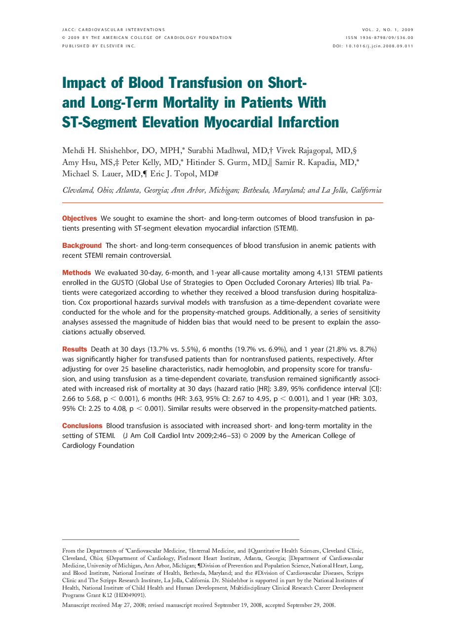 Impact of Blood Transfusion on Short- and Long-Term Mortality in Patients With ST-Segment Elevation Myocardial Infarction 