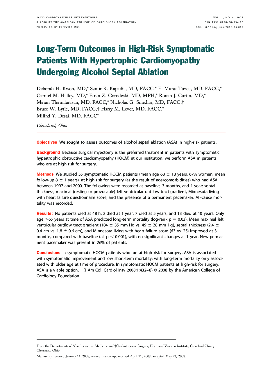 Long-Term Outcomes in High-Risk Symptomatic Patients With Hypertrophic Cardiomyopathy Undergoing Alcohol Septal Ablation