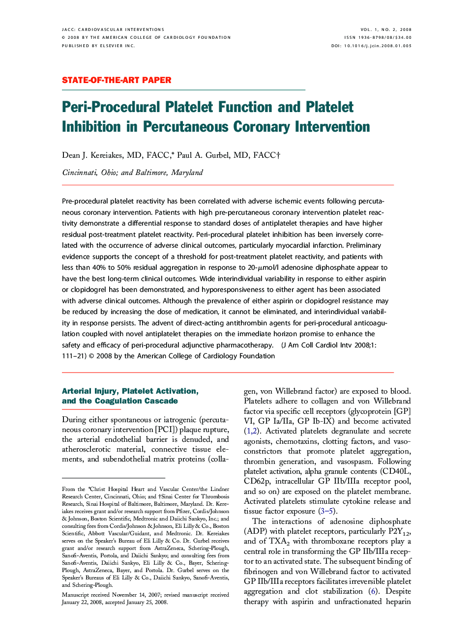 Peri-Procedural Platelet Function and Platelet Inhibition in Percutaneous Coronary Intervention 