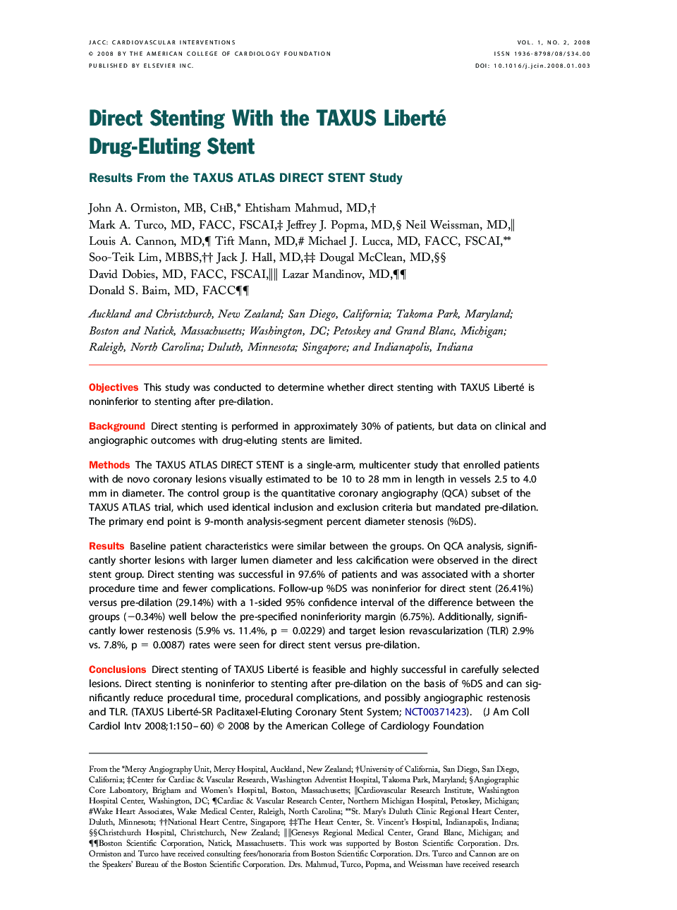 Direct Stenting With the TAXUS Liberté Drug-Eluting Stent : Results From the TAXUS ATLAS DIRECT STENT Study