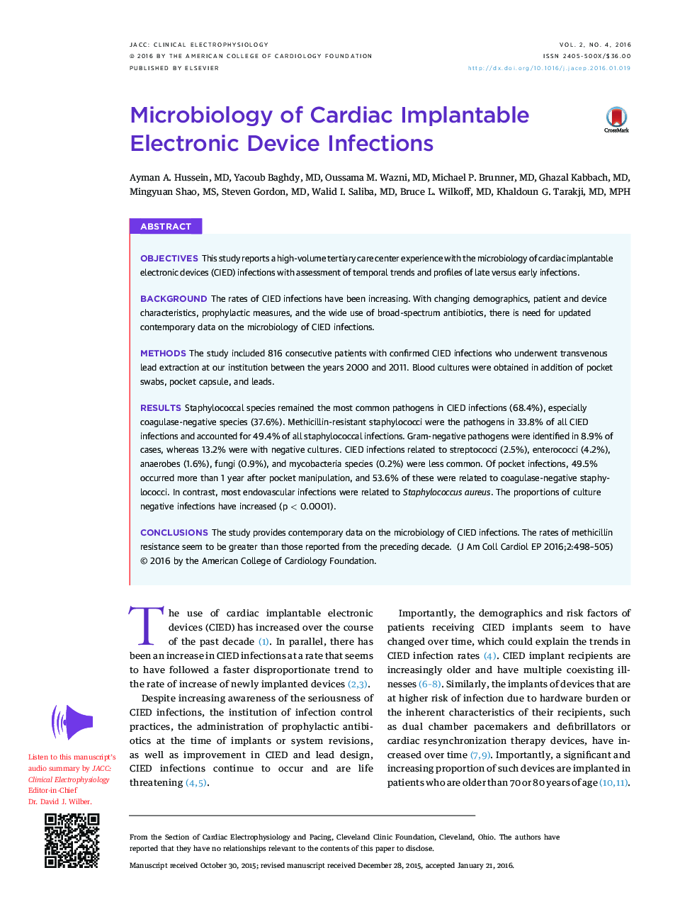 Microbiology of Cardiac Implantable Electronic Device Infections 