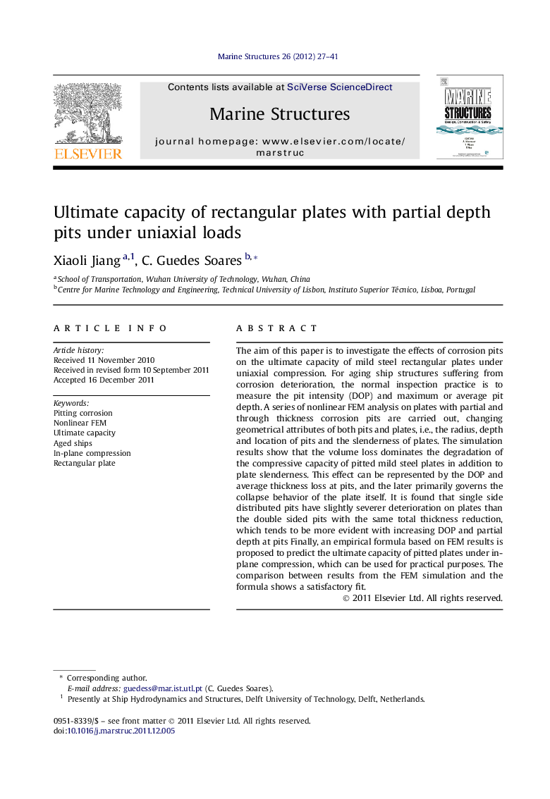 Ultimate capacity of rectangular plates with partial depth pits under uniaxial loads