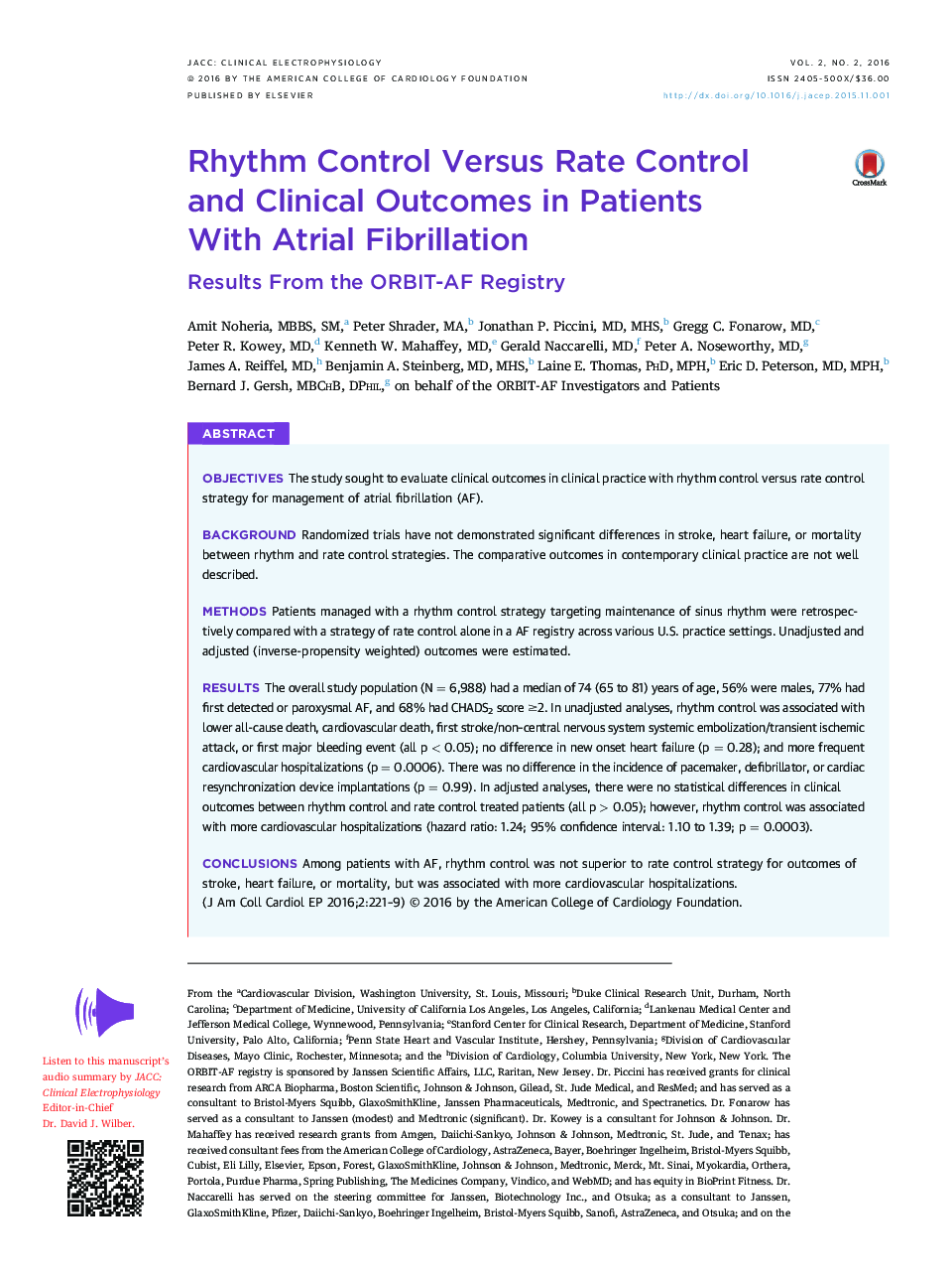 Rhythm Control Versus Rate Control and Clinical Outcomes in Patients With Atrial Fibrillation : Results From the ORBIT-AF Registry